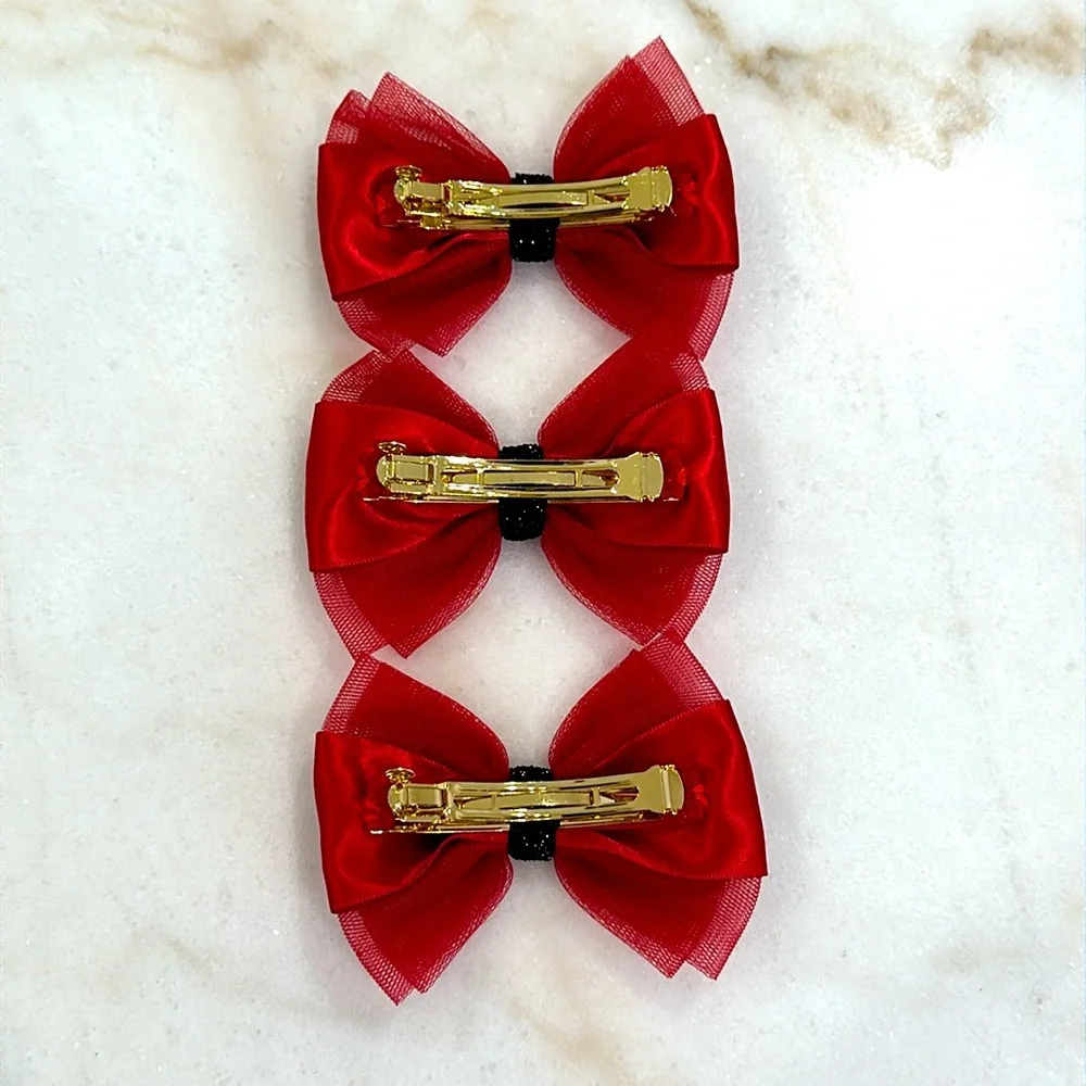 Red black ribbon bow clips